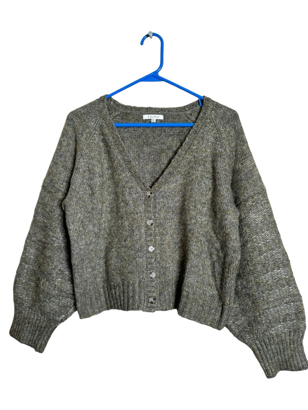 Z Supply  Emile Cardigan Sweater Marled Olive Green Balloon Sleeves Size M